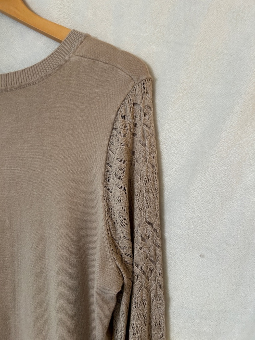 Taupe Knit Sweater with Lace Sleeve Panels - Picture 8 of 11
